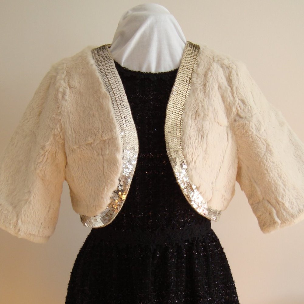 Ivory/Cream Sheared Rabbit Fur Bollero Jacket-L/XL